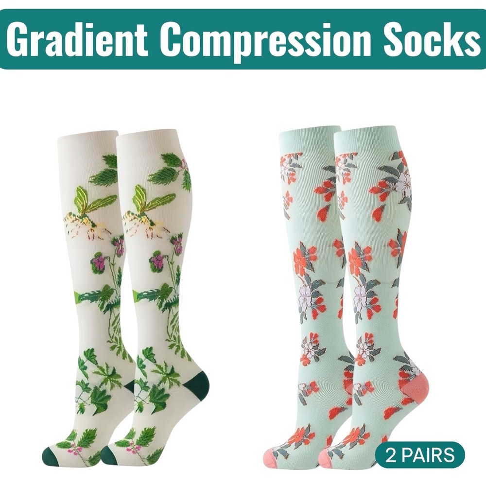 Unisex 15-20 mmHg Compression Socks S/M Knee High‎ Medical Floral 2 Pack NEW